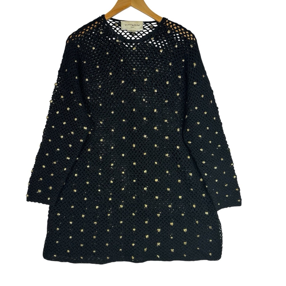 Vittadini Wool Sweater Dress L Black Metallic Gold Polka Dot Open Knit Oversized